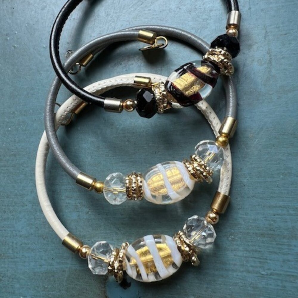 Murano Glass Bead, crystal and Leather Bracelets